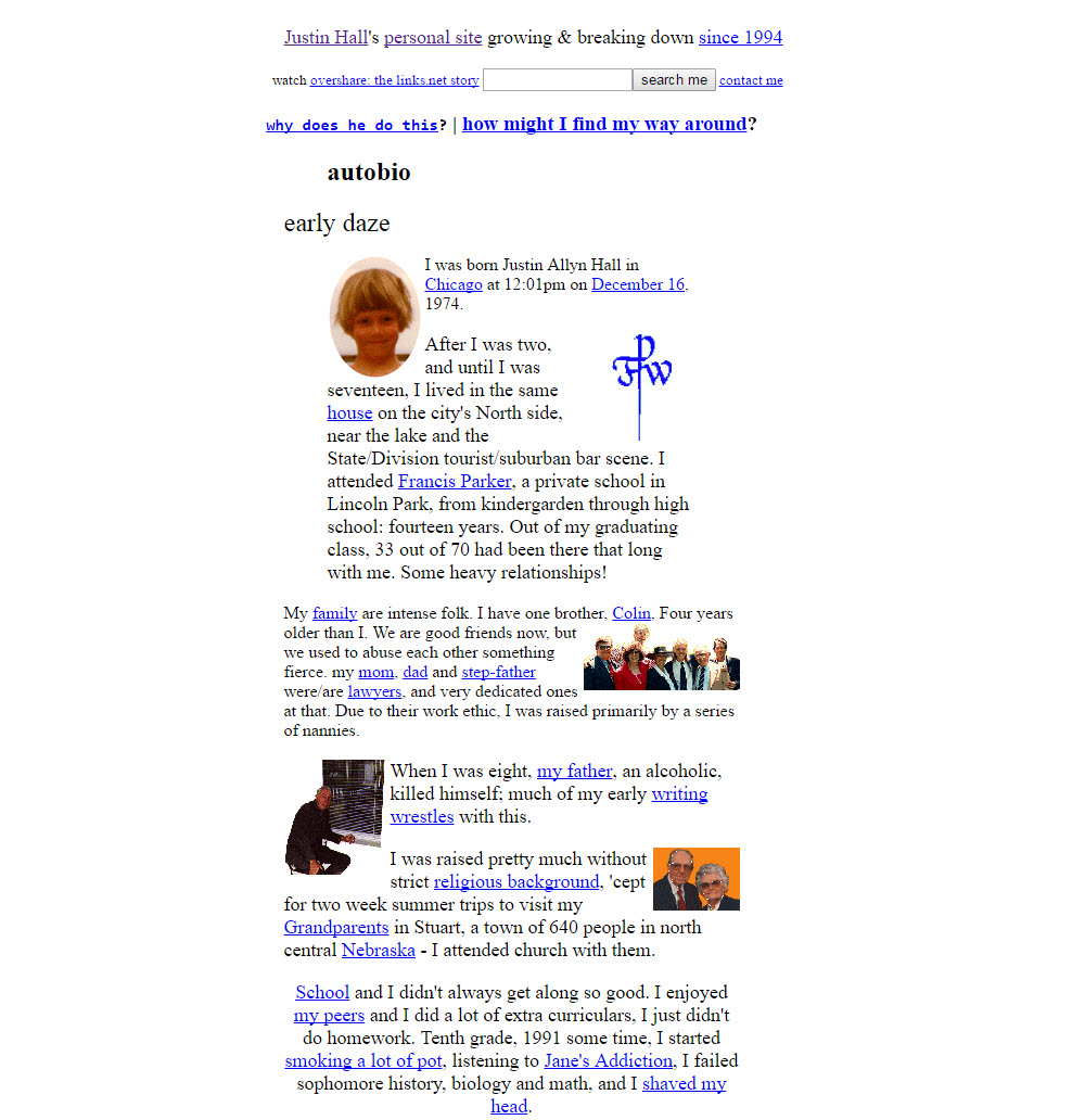 Ein Screenshot des ersten Blog der Welt mit kleinen Bildern und viel Text auf einer weißen Seite.