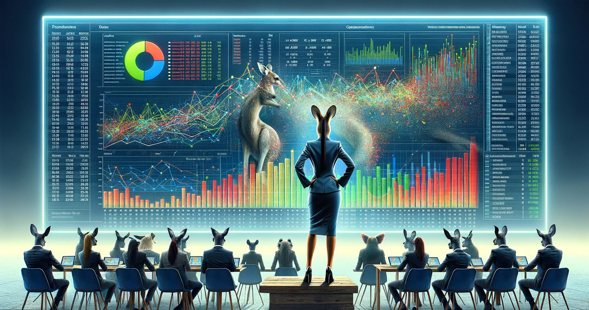 The main thing is to get the right numbers. Bad leadership ignores the fact that employees are neglected in the process. Image created in ChatGPT with DALL E - a kangaroo lady presents the current figures to the audience