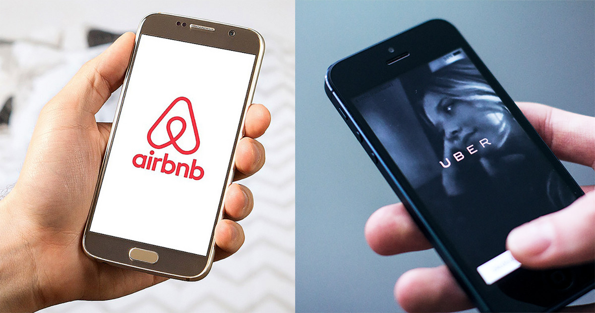 Zwei Smartphones auf denen die App von Airbnb bzw. Uber läuft