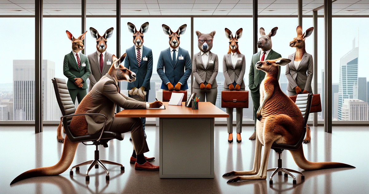 Always recruit from your own ranks? Returning a favor? May backfire. Image created in ChatGPT with DALL E -A group of kangaroos, including a wolf, watch a job interview