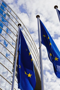 EU flags in front of a glass building