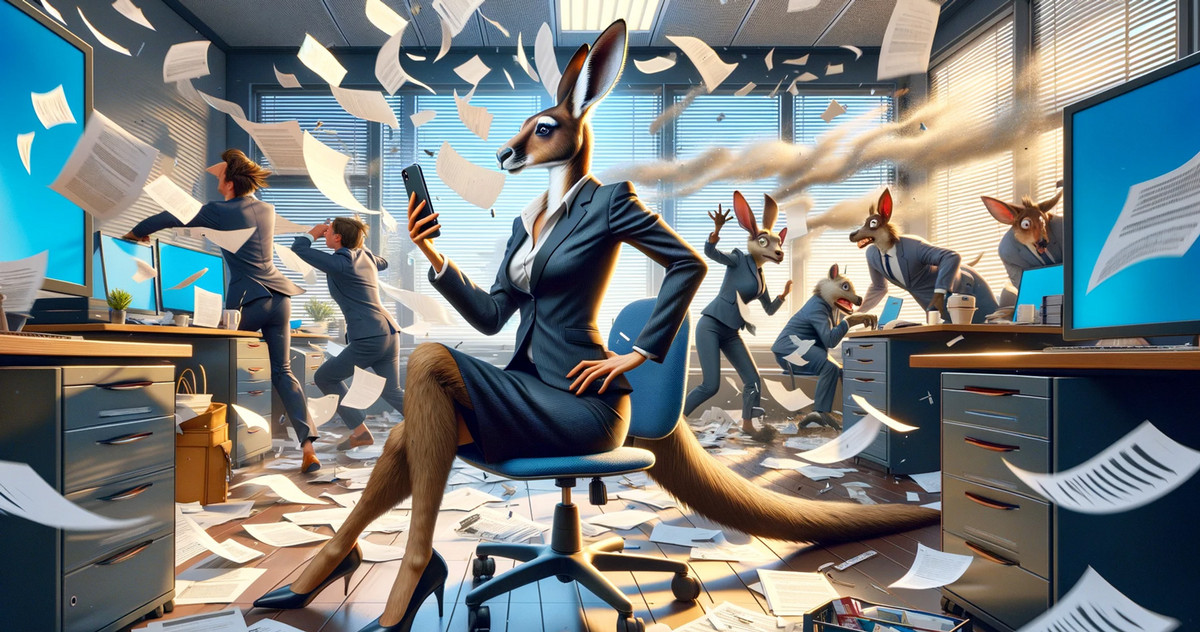 A perfect world communicated to the outside world, chaos all around. Instagram mentality among managers is a clear leadership mistake. Image created in ChatGPT with DALL E - a kangaroo lady creates an Instagram post, smiling while the office explodes behind her