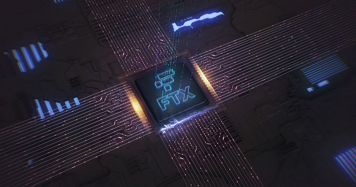 Ein Computer-Chip mit der Aufschrift FTX zu dem viele Leiterbahnen führen
