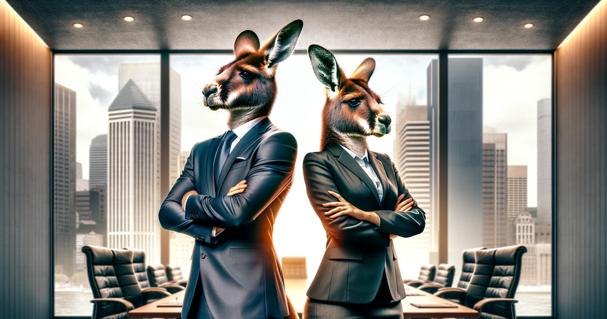 What leadership mistakes can you make as a manager? Image created in ChatGPT with DALL E - two kangaroos in suits stand back to back