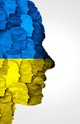 Many outlines of faces form a large outline of a face in the colors of Ukraine (blue, yellow)