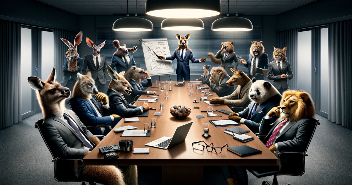 Long, discouraging meeting with no outcome? The next meeting will solve everything! Image created in ChatGPT with DALL E - a group of animals sit bored around a meeting table listening to a presentation