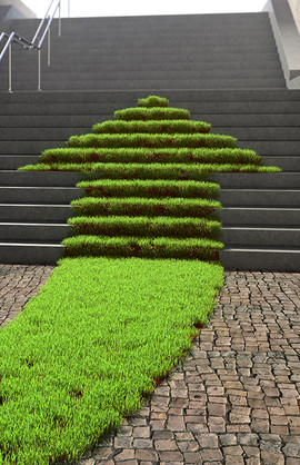 Ein grüner Pfeil aus Gras wandert eine Treppe aus Beton nach oben