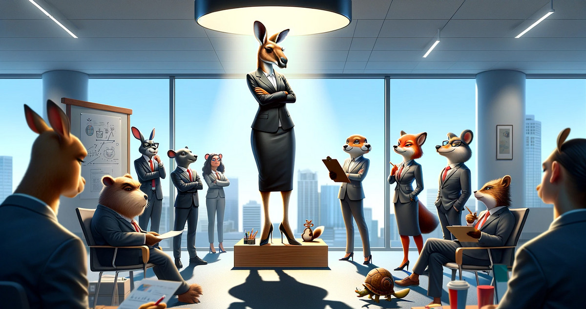 Cutting initiatives, keeping your own employees small in order to stay in the spotlight? That's one of the leadership mistakes: management by bonsai. Image created in ChatGPT with DALL E - A kangaroo lady stands on a pedestal in the spotlight in an office