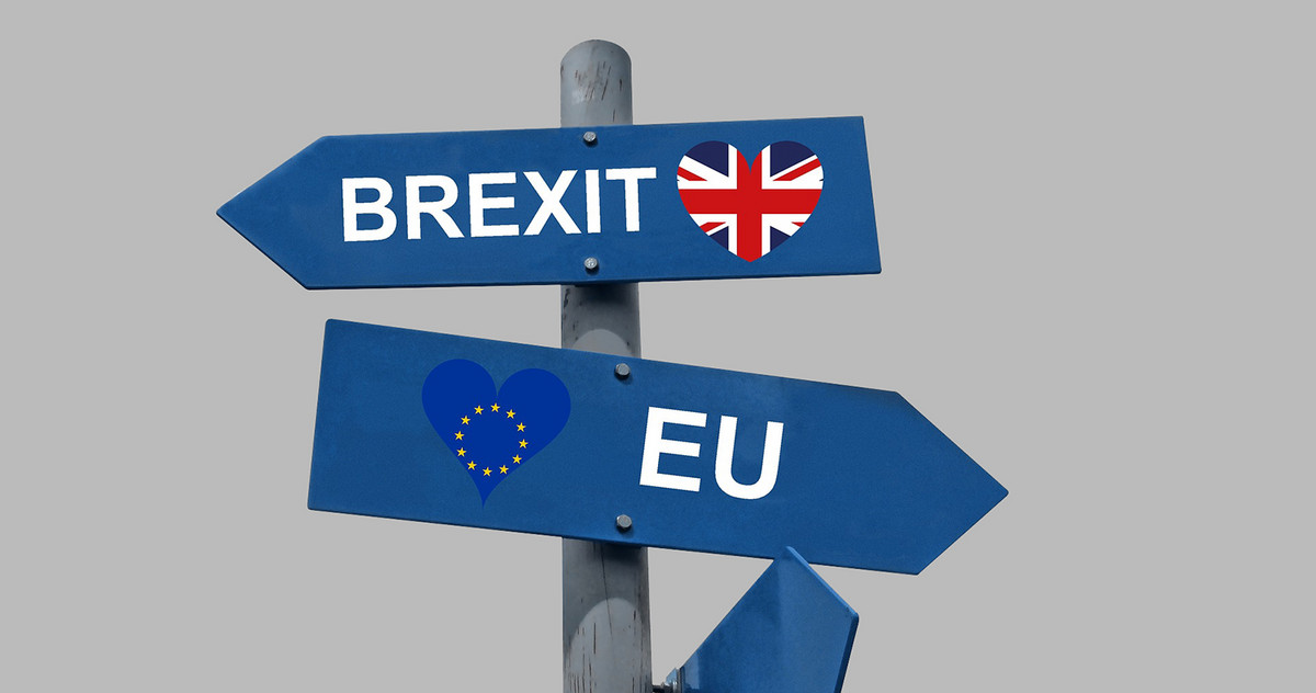 The words Brexit and EU are on path signs showing into different directions