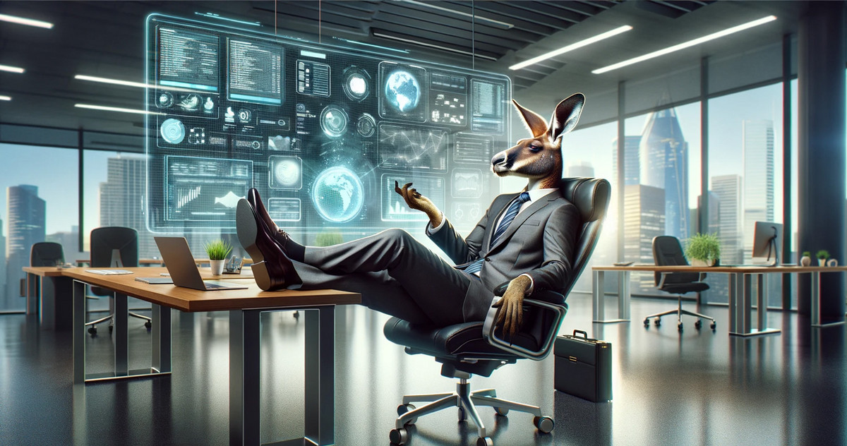 Relaxing in your executive chair while the AI takes care of everything in the background? Proper leadership depends on interpersonal relationships. Image created, entirely according to Management by ChatGPT, in ChatGPT with DALL E - A kangaroo sits relaxed in the executive chair and observes a hologram with data on it