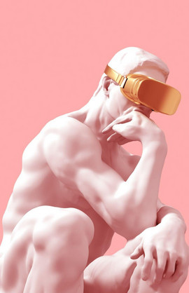Die Statue "Der Denker" mit einer Virtual Reality Brille aufgesetzt