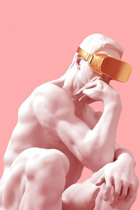 Die Statue "Der Denker" mit einer Virtual Reality Brille aufgesetzt