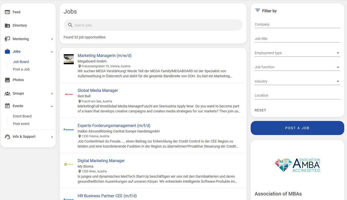 Screenshot der Job-Seite auf WU EA Connect