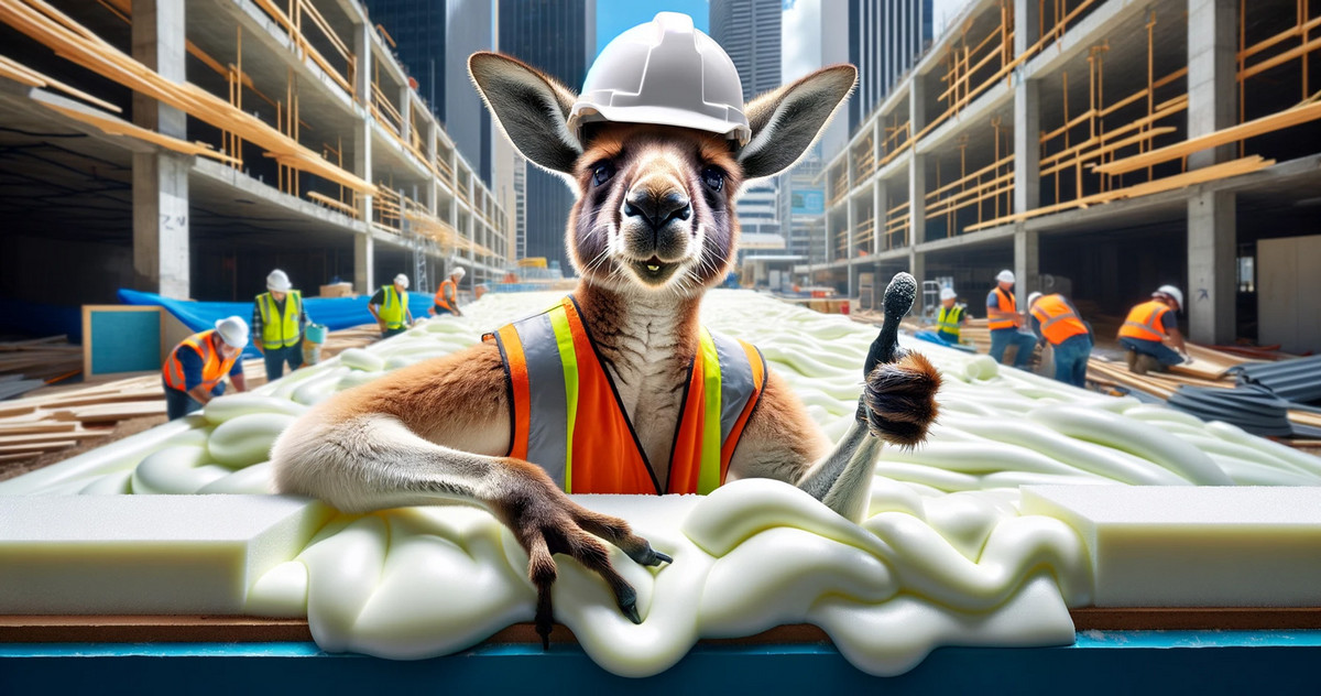 Management by PU foam - initially flexible, later tough, and unforgiving. Make this leadership mistake and quickly lose the team's approval. Image created in ChatGPT with DALL E - a kangaroo gives a thumbs up while sinking into PU foam on a building site