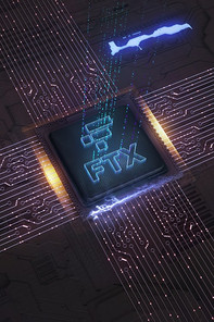 A computer chip with the label FTX to which many traces lead